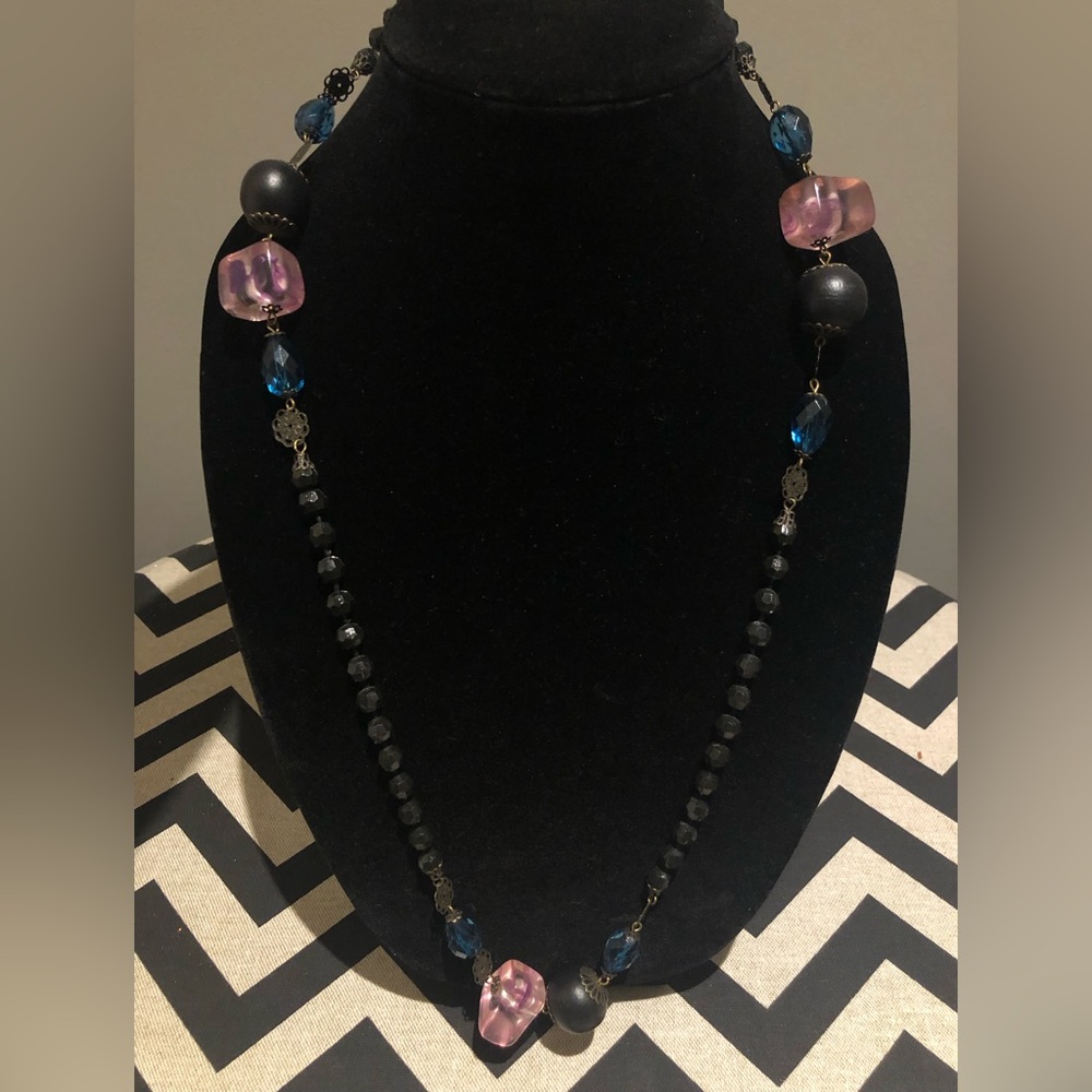 Pink, blue and black fun beaded necklace